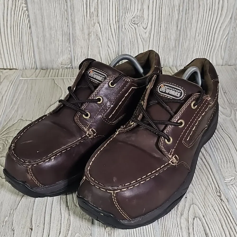 Rockport Works Lace Up Sailing Club Steel Toe Work Shoes Brown Leather Mens 10.5